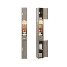 Gabinete de baño alto de 181 cm con 2 puertas, estantes ajustables y tira de luces de 3 colores gris