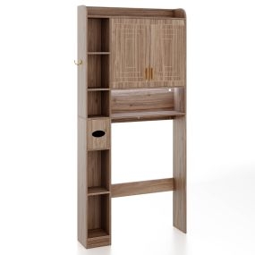 Estante para inodoro independiente con armario 2 puertas, 6 compartimentos, portapañuelos, gancho y estante ajustable, café