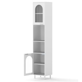 Armario alto de almacenamiento para baño con 2 puertas de vidrio acanalado, blanco