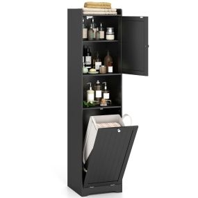 Armario de Baño con Almacenamiento Estante Ajustable Bolsa de Lavandería con Asas Largas y Cortas para Baño 40 x 40 x 170 cm Negro
