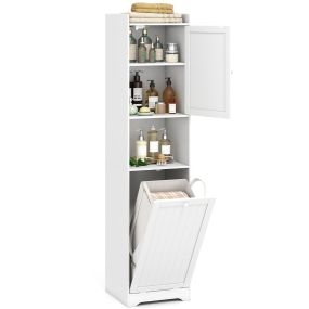 170 CM Armario de Baño con Almacenamiento Estante Ajustable Bolsa de Lavandería con Asas Largas y Cortas Estante Abierto Blanco
