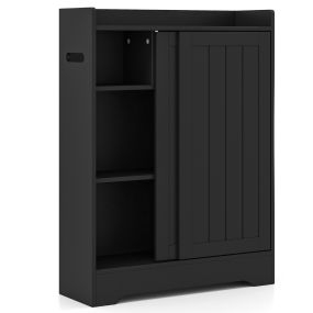 Armario de almacenamiento con porta papel higiénico, compartimento para cepillo y estantes ajustables, 2 puertas correderas, negro