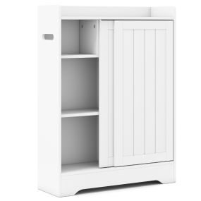 Armario de almacenamiento con porta papel higiénico, compartimento para cepillo y estantes ajustables, 2 puertas correderas, blanco