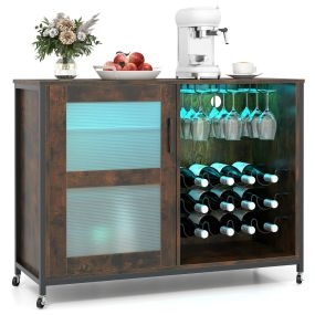 Mueble Bar para Vinos con Luz LED Aparador Buffet de Cocina con Estantes Ajustables Soportes para Copas y Botellas Mueble Marrón