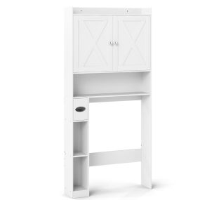Armario de almacenamiento sobre inodoro con doble puerta, portarrollos y estante ajustable blanco
