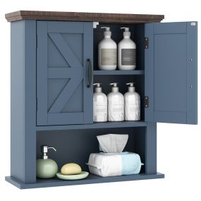 Botiquín con Puertas Estilo Rústico con Estante Ajustable y Compartimento Abierto para Sala Cocina o Entrada Azul Oscuro
