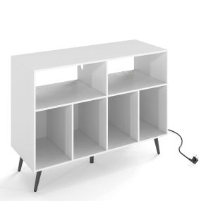Soporte para tocadiscos con estación de carga y estantes para vinilos, mesa con 5 patas metálicas blanca
