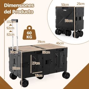 Carrito utilitario grande de 2 niveles con cajas de almacenamiento, 5 ruedas, plegable, negro