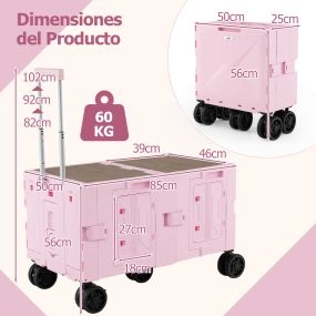 Carrito utilitario grande de 2 niveles con cajas de almacenamiento, 5 ruedas, plegable, rosa