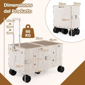 Carrito utilitario grande de 2 niveles con cajas de almacenamiento, 5 ruedas, plegable, blanco