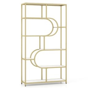 Estantería de 8 Niveles Librería Estante Blanca y Dorada con Estantes Abiertos Diseño en Forma de U Estructura Metálica Organizador Blanco