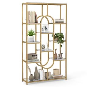 Estantería de 5 Niveles Librero Librería Blanco y Dorado con Estantes Abiertos Estante Alto Independiente con Forma Ovalada Marco Blanco