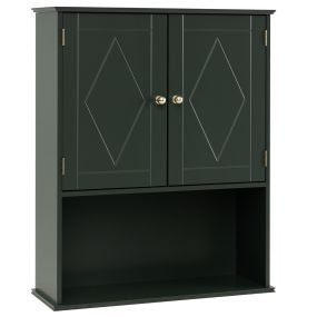 Armario de medicina de pared con 2 puertas, estante abierto y ajustable, verde