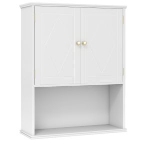 Armario de medicina de pared con 2 puertas, estante abierto y ajustable, blanco