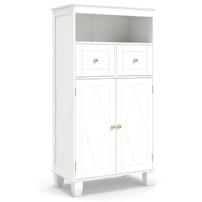 Armario de baño de suelo blanco con puertas, estantes, cajones y patas de pino macizo