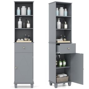 Armario de baño estrecho de suelo gris 172 cm con 3 estantes, 1 cajón y 1 puerta