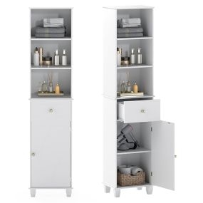 Armario de baño estrecho blanco de 172 cm con 3 estantes, 1 cajón, 1 puerta y estante ajustable