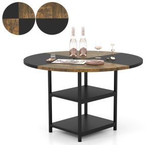 Mesa de Comedor para 4-6 Personas Mesa de Cocina Redonda de Madera de 119 cm con Diseño Bicolor 2 Estantes de Almacenamiento y Patas Negro