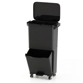 Papelera de 36 L con 2 cubos y pegatinas de clasificación, negra, con ruedas universales