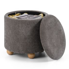 Taburete Redondo con Almacenamiento Oculto Tapizado en Chenilla Tapa Extraíble y Patas de Madera para Salón o Dormitorio 35 L Gris