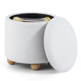 Taburete Redondo con Almacenamiento Oculto Tapizado en Chenilla Tapa Extraíble y Patas de Madera para Salón o Dormitorio 35 L Blanco