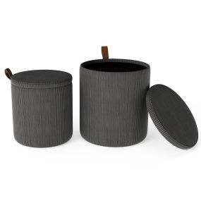Juego de 2 Otomanas Redondas con Almacenaje Taburetes Tapizados con Tapas Extraíbles y Asientos Acolchados Reposapiés Multiusos Gris