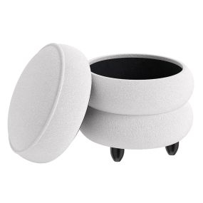 Otomana Redonda Moderna Taburete de Chenilla con Tapa Extraíble y Patas de Madera de Caucho Versátil Asiento Acolchado Blanco