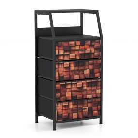 Mesita de Noche Industrial con 4 Cajones de Tela Estructura Metálica Gabinete Vertical Almacenamiento para Dormitorio Marrón