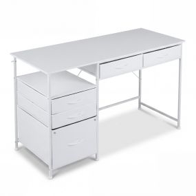 Escritorio para computadora 120 cm con estante y cajones de tela estructura metálica blanco