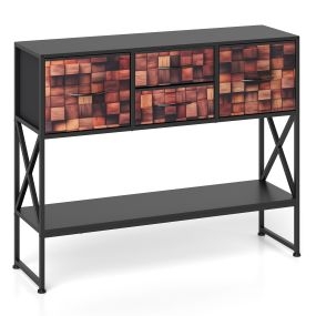 Mesa consola para sofá con 4 cajones de tela, estante, estructura de metal y patrón mosaico, madera, marrón
