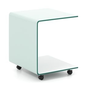 Mesa Auxiliar en Forma de C Mesa Móvil para Sofá de Vidrio Templado con Estante de 2 Niveles 4 Ruedas Giratorias Bloqueables Blanco