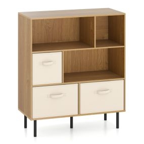 Estantería de 6 Cubos Librero de 3 Niveles con 3 Cajones de Tela Plegables y Extraíbles Organizador de Almacenamiento Moderno Natural