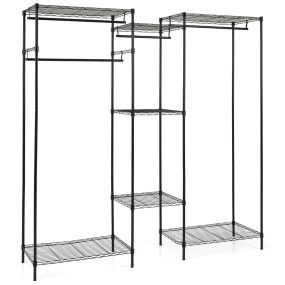 Guardarropa Portátil Convertible L y Horizontal Armario Metálico con 7 Estantes Ajustables 4 Barras Carga 530kg Negro
