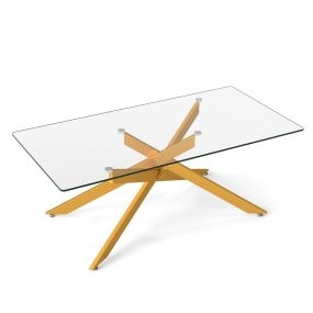 Mesa de Café Rectangular con Tapa de Cristal y Patas Tubulares Moderna para Salón Transparente y Oro