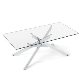 Mesa de Café Rectangular con Tapa de Cristal y Patas Tubulares Moderna para Salón Transparente y Plata