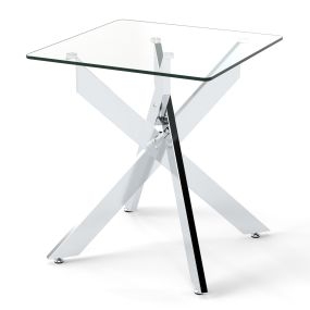 Mesita Auxiliar de Cristal con Encimera Templada y Base Metálica en X Moderna para Dormitorio o Sala de Estar Plata