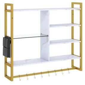 Estantes Flotantes Modernos 107cm 6 Niveles 8 Ganchos S Bolsillo Lateral para Cocina Bar Hogar Blanco