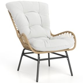 Sillón de Ratán para Jardín con Cojín Grueso Silla de Ratán XXL Sillón de Terraza para Jardín Capacidad de hasta 180 kg Blanco