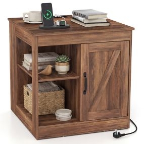 Mesa Auxiliar Rústica con Estación de Carga Estante Ajustable y Armario con Puerta Corrediza para Dormitorio y Salón Café