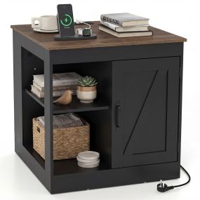 Mesa Auxiliar Rústica con Estación de Carga Estante Ajustable y Armario con Puerta Corrediza para Dormitorio y Salón Negro