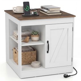 Mesa Auxiliar Rústica con Estación de Carga Estante Ajustable y Armario con Puerta Corrediza para Dormitorio y Salón Blanco