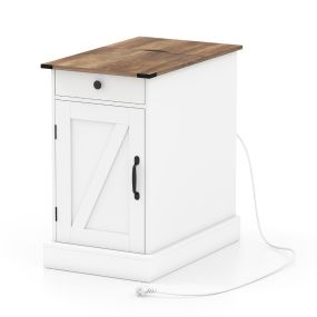Mesa Auxiliar con Estación de Carga y Almacenamiento Cajón Estante Ajustable y Bandeja Extraíble para Dormitorio o Salón Blanco