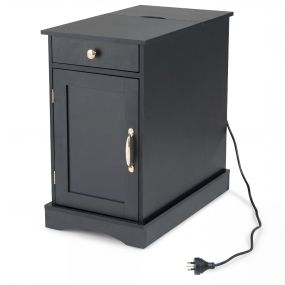 Mesita de Noche con Estación de Carga Mueble de Madera con Cajón Armario y Estante Ajustable para Dormitorio Salón y Sofá Negro
