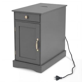 Mesita de Noche con Estación de Carga Mueble de Madera con Cajón Armario y Estante Ajustable para Dormitorio Salón y Sofá Gris