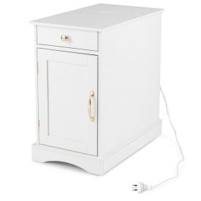 Mesita de Noche con Estación de Carga Mueble de Madera con Cajón Armario y Estante Ajustable para Dormitorio Salón y Sofá Blanco