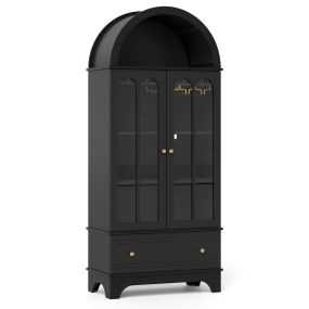 Armario superior arqueado de madera de ingeniería con vidrio templado y cajón inferior negro 77,5 x 40 x 181 cm
