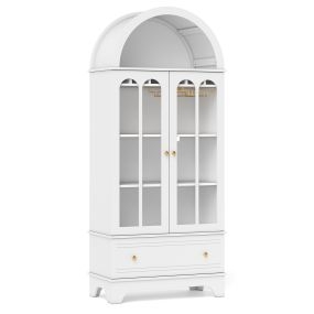 Vitrina arqueada de madera de ingeniería con vidrio templado y cajón inferior 77,5 x 40 x 181 cm blanco