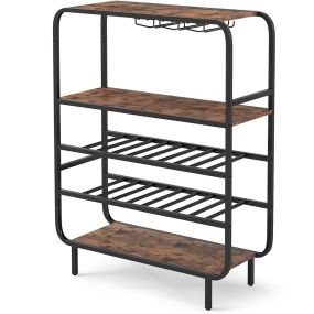 Estante para Vino 16 Botellas 5 Niveles con Soportes Copas Estructura Metálica Industrial Repisa Almacenamiento Marrón Rústico