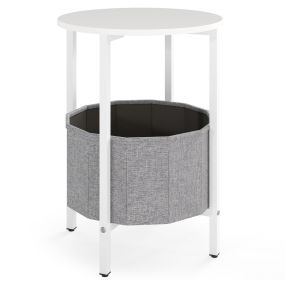 Mesa Auxiliar Redonda para Espacios Pequeños Mesa Lateral de 2 Niveles con Canasta de Tela Estructura de Metal para Salón Dormitorio Gris