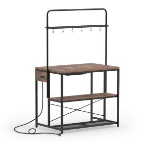 Isla de cocina multifuncional con estantes, ganchos y enchufe, estructura metálica, 107 x 70 x 180 cm, marrón